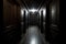 Dark backroom, many ways empty and labyrinth. AI generative