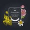 Dark badge design with ylang-ylang, daffodil, lotus
