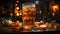 A dark bar, whiskey glass, cold beer, refreshing night celebration generated by AI