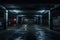 Dark Basement Parking Area, Underground Parking Garage, Wet Asphalt, Lights on Walls and Pillars, Night Time Crime Concept,