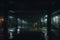 Dark Basement Parking Area, Underground Parking Garage, Wet Asphalt, Lights on Walls and Pillars, Night Time Crime Concept,