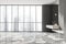 Dark bathroom interior with sink, concrete wall and panoramic window