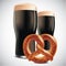 Dark beer with Soft pretzel on a white background