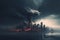 Dark, billowing clouds of smoke and debris, covering a city skyline after a destructive tornado, concept, AI generation