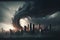 Dark, billowing clouds of smoke and debris, covering a city skyline after a destructive tornado, concept, AI generation