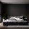 Dark black contemporary luxury modern bedroom with plant and a modern carpet, 3d render