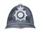 Dark black grungy police hat with silver metal crown and star badge.