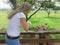 Dark Blonde Female Feeding Giraffe. Close-up. Giraffeâ€™s face is peeking over a wooden barrier. Africa Wildlife.Love. heartwarmin