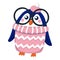 Dark blue baby girl penguin wearing pink and white hat and sweater. Black glasses. Orange beak and feet. Cartoon style. Cute and