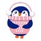 Dark blue baby penguin wearing pink and white sweater and headphones. Orange beak and feet. Cartoon style. Cute and funny. Merry