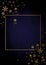Dark blue background with luxery golden golden frame and snowflakes. Golden frame for winter themes