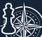 On a dark blue background a white chess piece and a compass