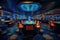 dark blue casino interior with orange casino tables and a bank of slot machines
