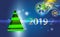 Dark blue Christmas background with green tree and glowing snowflakes bokeh, blizzard. Design illustration Xmas goldish