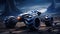 Dark blue futuristic sports racing car races across land of an alien planet. Futuristic concept of technologies of other