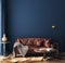 Dark blue home interior with old retro furniture, hipster style