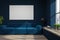 Dark blue loft living room, blue sofa, poster