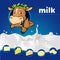 Dark blue Milk design with cow with laurel wreath peeking and dairy product - vector