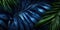 Dark Blue palm leaves and droplet Water dramatic photo effect background, realism, realistic, hyper realistic