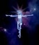 Dark blue and purple outer space background.The cross of Jesus Christ in the style of circut electrical diagram.