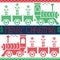 Dark blue, red and green Merry Xmas Scandinavian Christmas Nordic Seamless Pattern with gravy train, gifts, stars, snowflakes, he