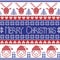Dark blue and red Scandinavian Merry Christmas pattern with Santa Claus, xmas presents, reindeer, decorative ornaments, snowflake