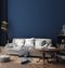 Dark blue Scandinavian home interior with retro furniture, poster wall mock-up in living room