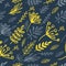 Dark blue seamless pattern of yellow branches, leaves and berries viburnum