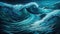 A dark blue seawater surface with big swirling waves. Ocean foamy water background.