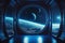 Dark blue spaceship interior with window view of space and planets. Ai generated