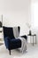 Dark blue velvet wing back chair with grey blanket in trendy living room