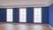 Dark Blue Walls Interior, Three Large Windows, Light Glossy Herringbone Parquet