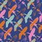 Dark blue whimsical birds seamless pattern background design.