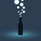 Dark bottle silhouette on blue background with glowing Bubbles. Vector