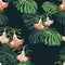 Dark and bright tropical leaves with jungle plants. Seamless vector tropical pattern with green palm and monstera leaves.