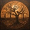 Dark Bronze And Orange Wood Engraving: Trees, Birds, And Moon