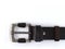 dark brown leather belt with silver metal buckle on white background with copy space