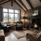dark brutal interior of sitting room decorated with wooden logs yellow and grey soft armchairs huge arc window and fireplace