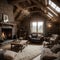 dark brutal interior of sitting room decorated with wooden logs yellow and grey soft armchairs huge arc window and fireplace