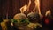 A dark bun burger, tomatoes, corn and a fry potato are lying on a wooden table against a background of fire in the dark