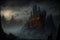 Dark castle in the valley, dark atmosphere of hell, creative digital illustration painting