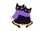 Dark cats sit together and bask in a purple scarf with yellow dots in polka dots on a white background