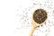 Dark chia seeds in wooden spoon on white background top view copyspace