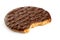 Dark chocolate coated digestive biscuit isolated on white. Partially eaten