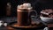 Dark chocolate milkshake, marshmallow decoration, rustic table generated by AI
