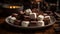 Dark chocolate plate, gourmet indulgence, marshmallow stack, rustic variation, addictive temptation generated by AI