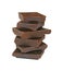 Dark chocolate. Stacked tower, stack. Seen close.  White background. Chocolate construction. Small pieces of chocolate bar. Pieces