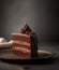 Dark chocolate truffle cake with creamy frosting decorated with chocolate on plate. Holiday baking elite pastry concept
