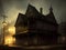 dark city street with buildings in night fog, old town. halloween concept, Ai Generated