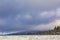 Dark clouds above fir trees landscape Brocken mountain Harz Germany